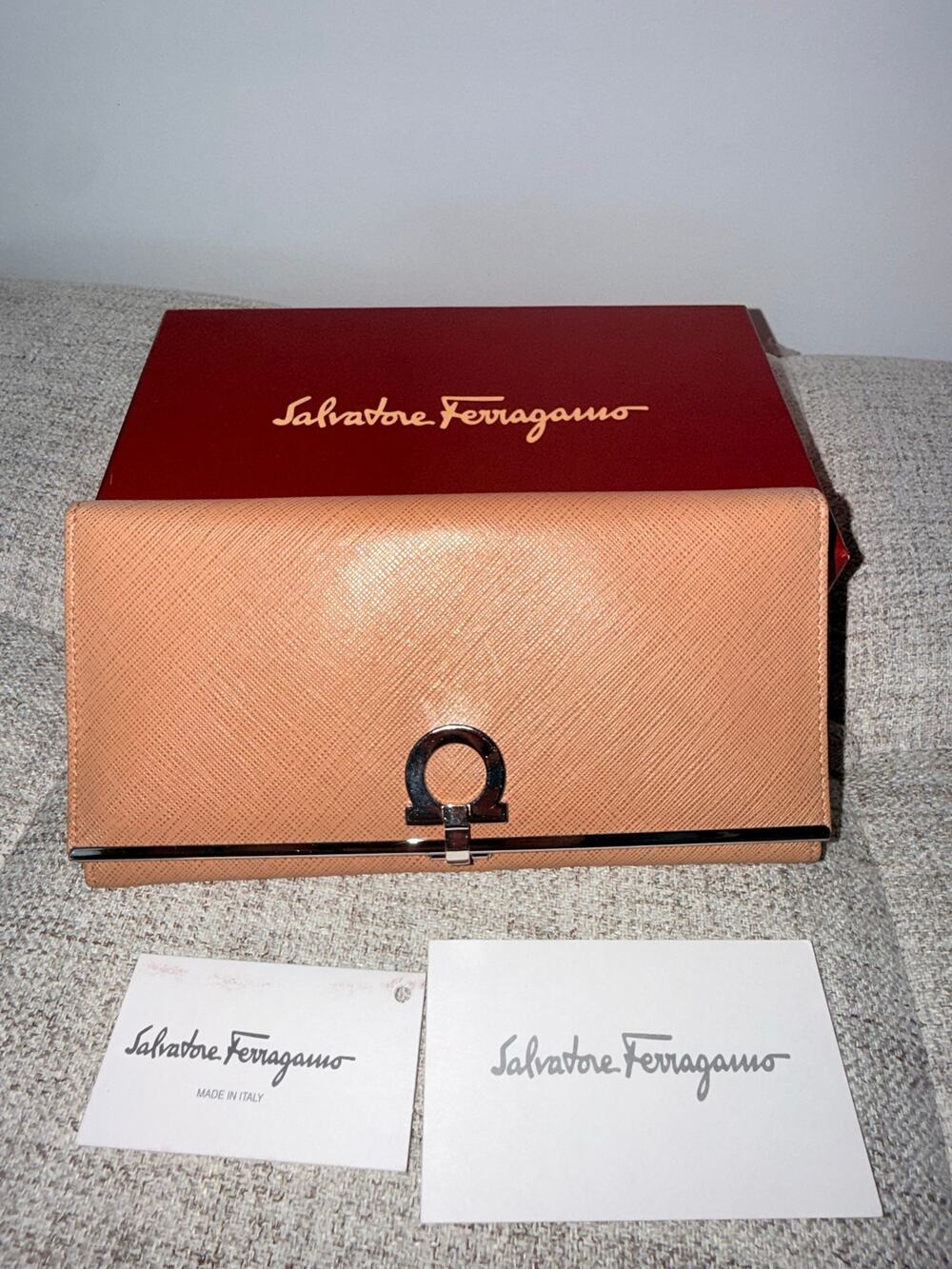 Salvatore Ferragamo Gancini Long Wallet – Beige Saffiano Leather Silver Hardware